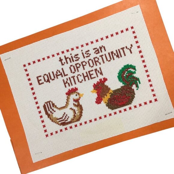 Finished Ready to Frame Cross Stitch Rooster Hen Equal Opportunity Kitchen - Picture 3 of 5